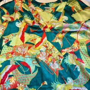 Natori Teal Multicolor Crane Print Satin Pajama Top